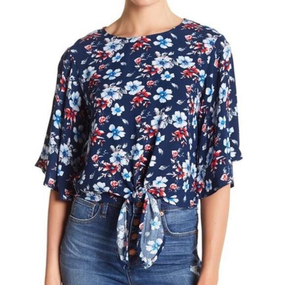 Elodie Tops - Elodie Tie Front 3/4 Length Sleeve Blouse Size M